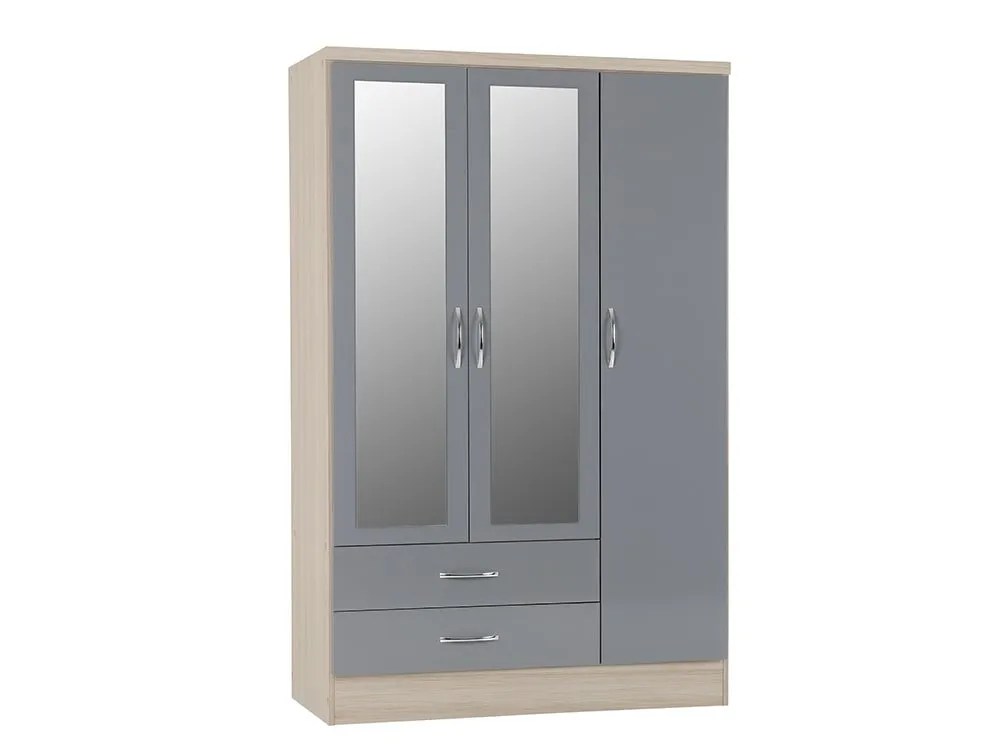Seconique Nevada Grey Gloss and Oak 3 Door 2 Drawer Mirrored Wardrobe