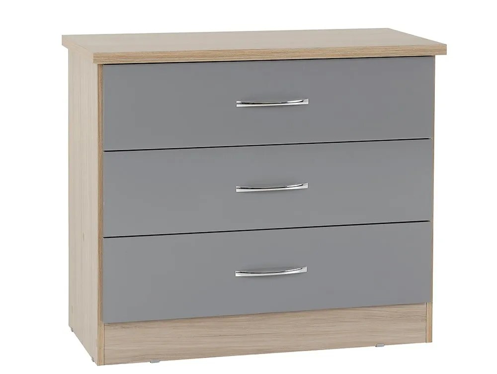 Seconique Nevada Grey Gloss and Oak 3 Drawer Low Chest of Drawers