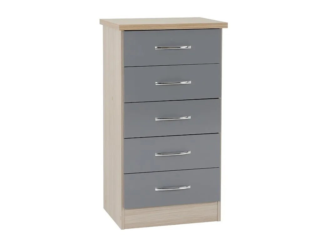 Seconique Nevada Grey Gloss and Oak 5 Drawer Chest of Drawers