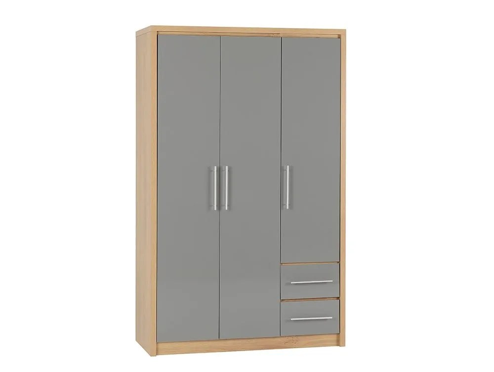 Seconique Seville Grey High Gloss and Oak 3 Door 2 Drawer Wardrobe
