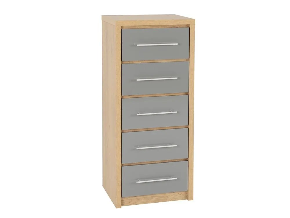 Seconique Seville Grey High Gloss and Oak 5 Drawer Tall Narrow Chest