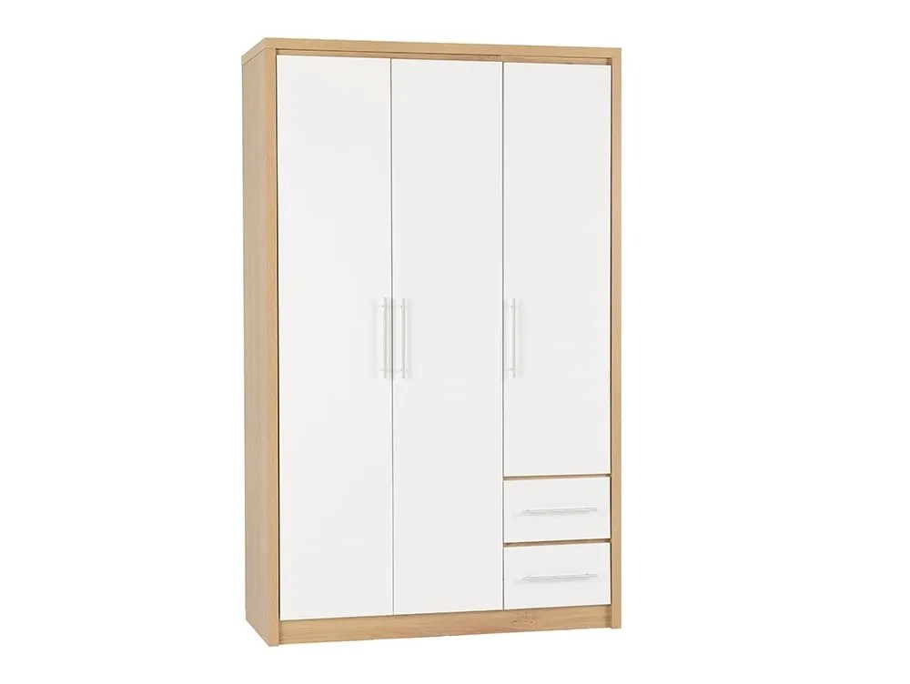 Seconique Seville White High Gloss and Oak 3 Door 2 Drawer Wardrobe