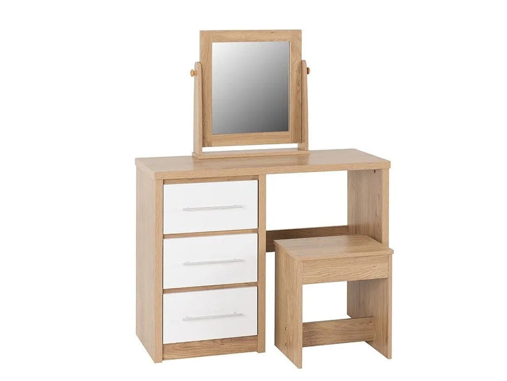 Seconique Seville White High Gloss and Oak 3 Drawer Dressing Table Set