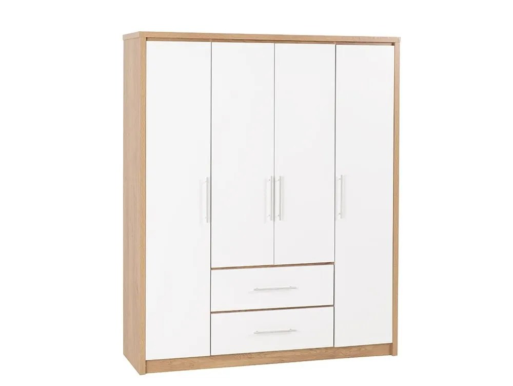 Seconique Seville White High Gloss and Oak 4 Door 2 Drawer Wardrobe