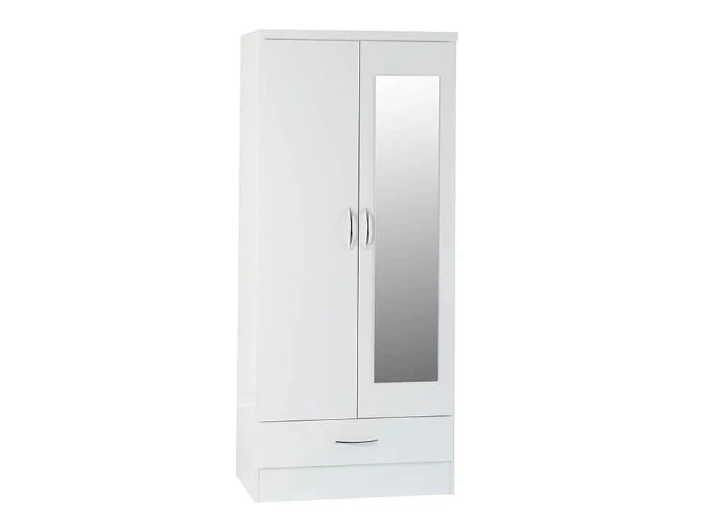Seconique Nevada White High Gloss 2 Door 1 Drawer Mirrored Wardrobe