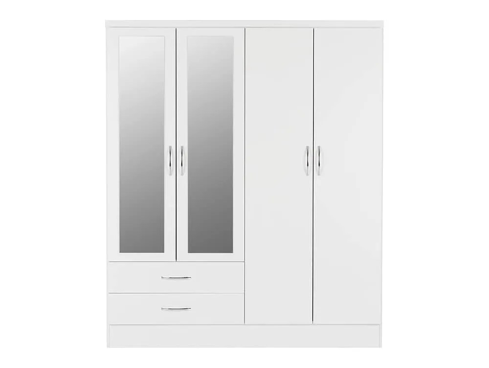 Seconique Nevada White High Gloss 4 Door 2 Drawer Mirrored Wardrobe