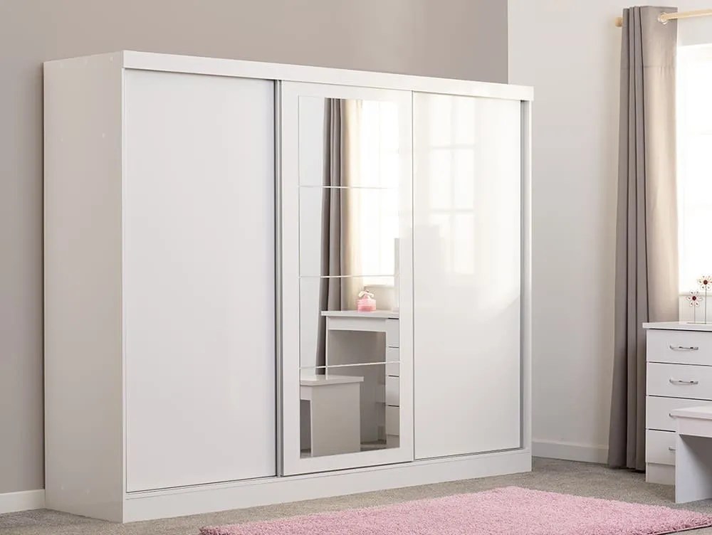 Seconique Nevada White High Gloss Sliding Mirrored Triple Wardrobe