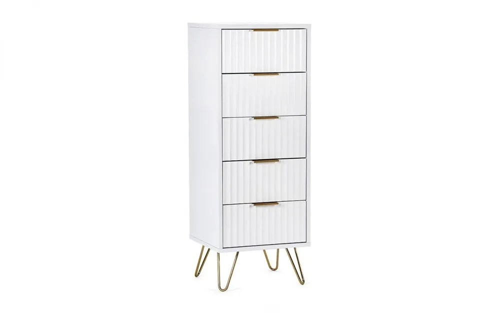 Julian Bowen Murano Matte White 5 Drawer Tall Narrow Chest of Drawers