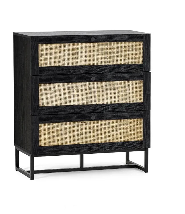 Julian Bowen Padstow Black and Rattan 3 Drawer Chest of Drawers