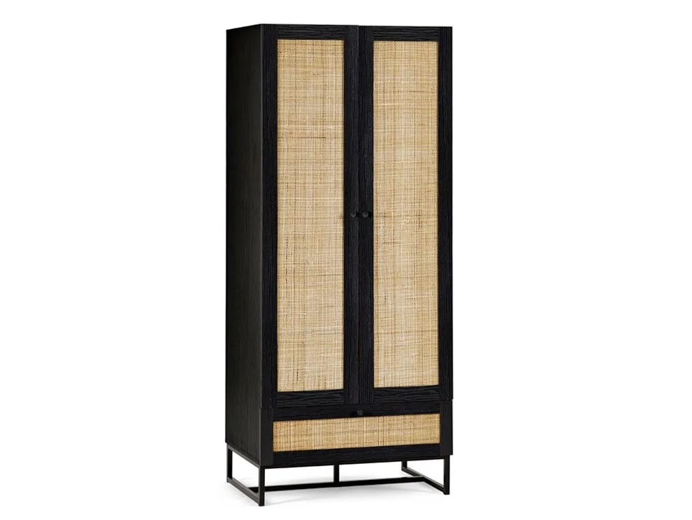 Julian Bowen Padstow Black and Rattan 2 Door 1 Drawer Wardrobe