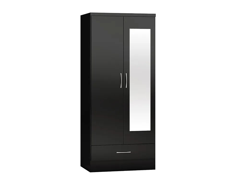 Seconique Nevada Black High Gloss 2 Door 1 Drawer Mirrored Wardrobe