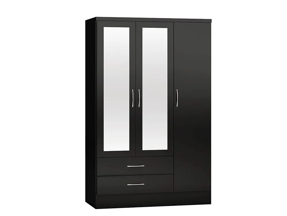 Seconique Nevada Black High Gloss 3 Door 2 Drawer Mirrored Wardrobe