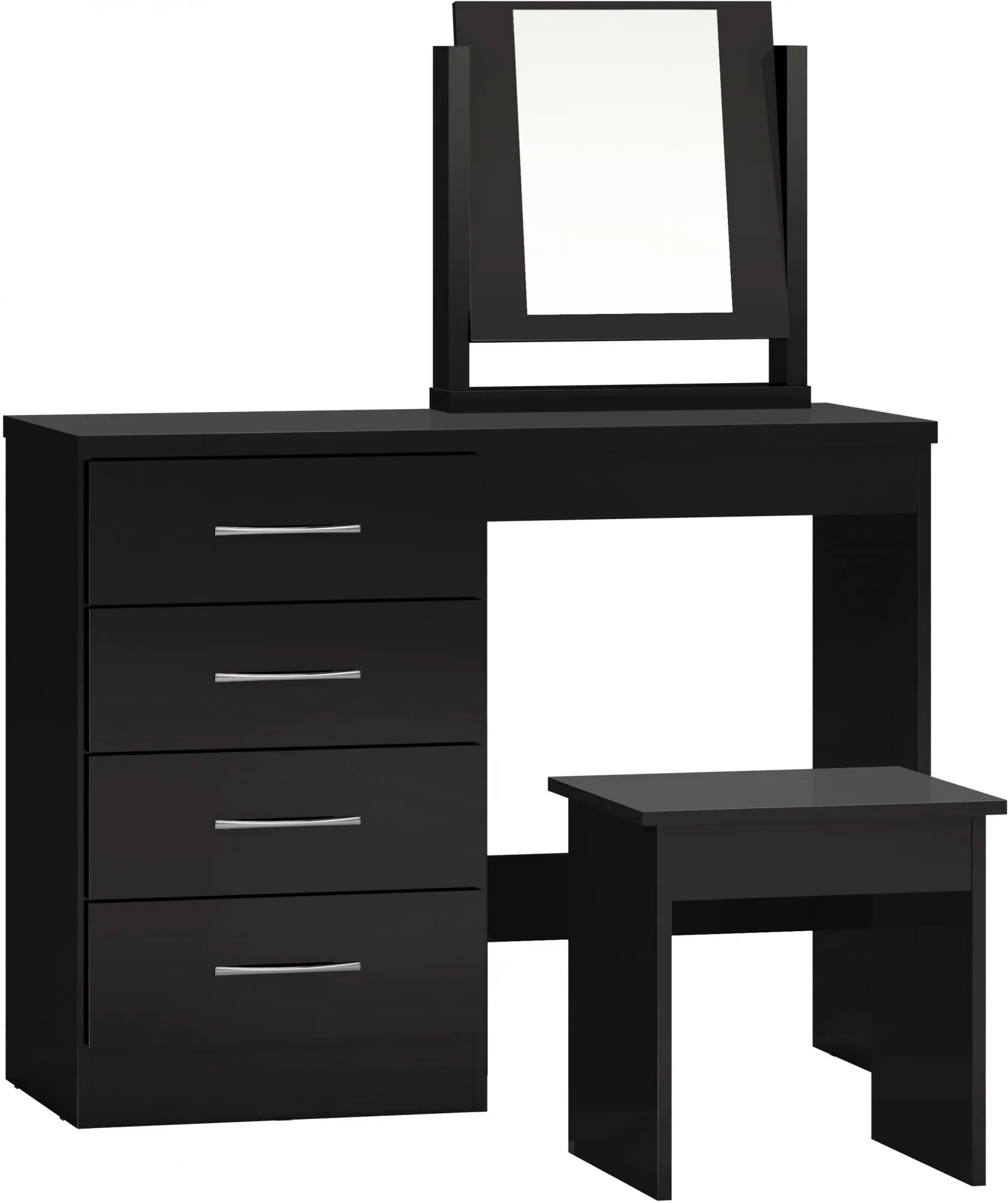 Seconique Nevada Black High Gloss 4 Drawer Pedestal Dressing Table and Stool