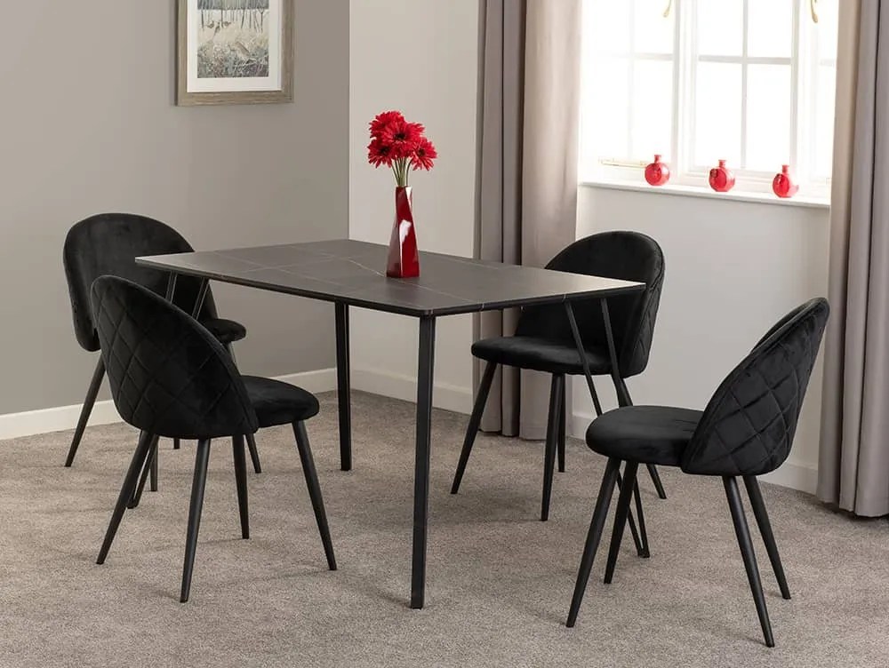 Seconique Marlow Black Marble Effect Dining Table and 4 Black Velvet Chairs