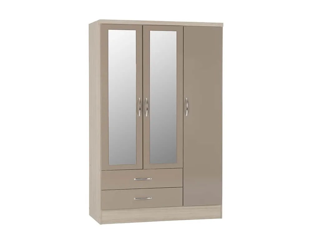 Seconique Nevada Oyster Gloss and Oak 3 Door 2 Drawer Mirrored Wardrobe
