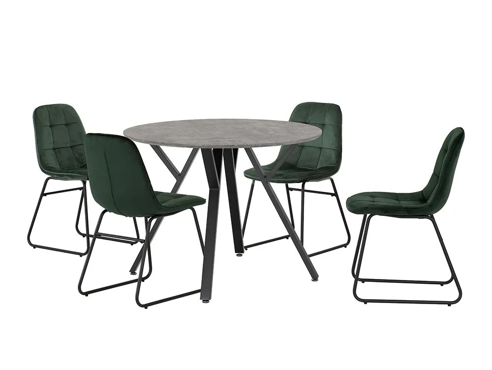 Seconique Athens Concrete Effect Round Dining Table with 4 Lukas Green Velvet Chairs