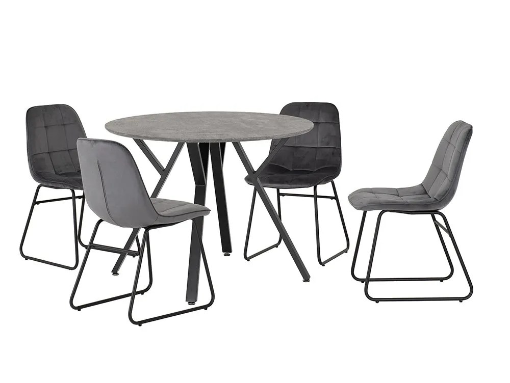 Seconique Athens Concrete Effect Round Dining Table with 4 Lukas Grey Velvet Chairs