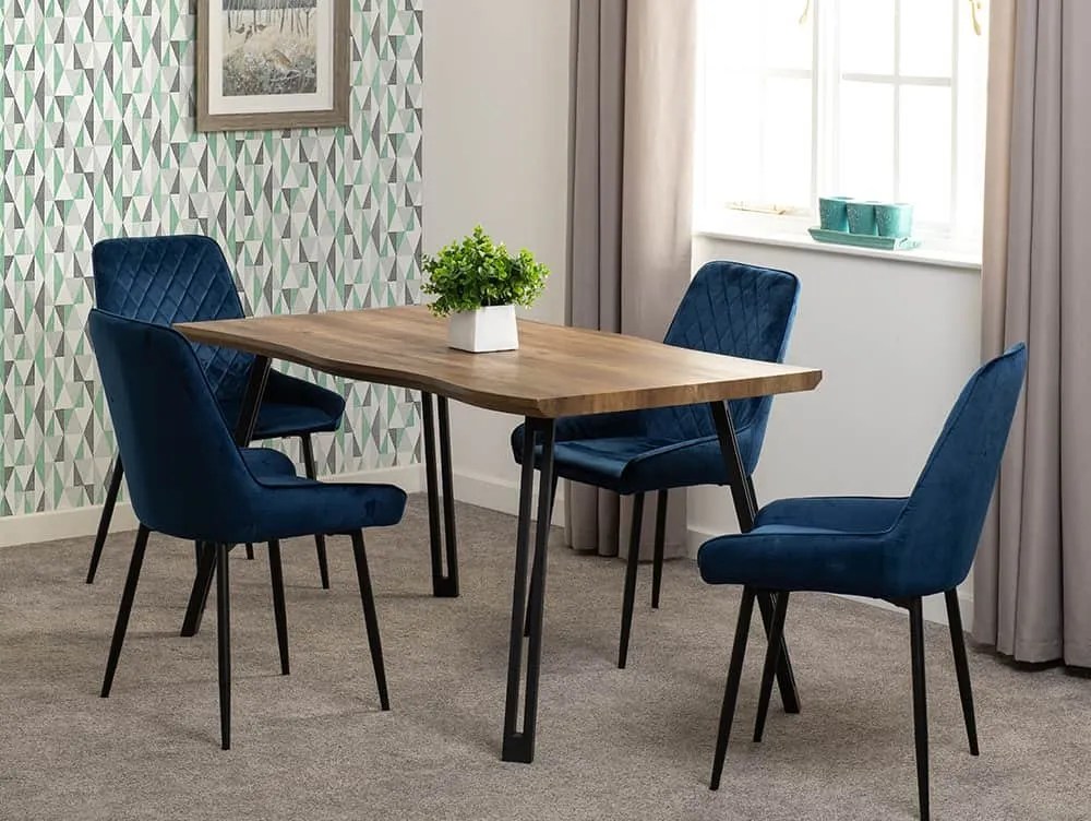 Seconique Quebec Wave Oak Effect Dining Table and 4 Avery Blue Velvet Chairs