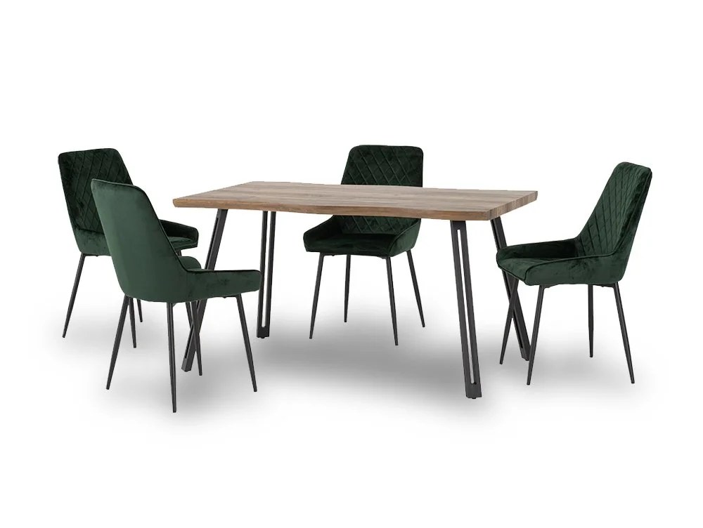 Seconique Quebec Wave Oak Effect Dining Table and 4 Avery Green Velvet Chairs