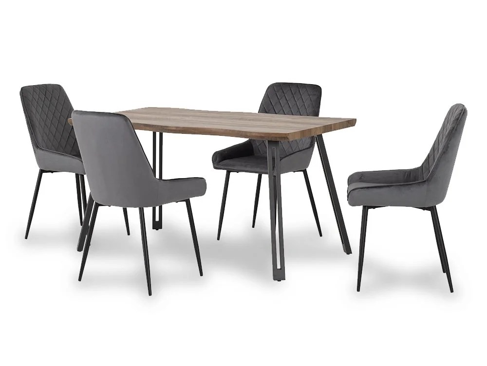 Seconique Quebec Wave Oak Effect Dining Table and 4 Avery Grey Velvet Chairs