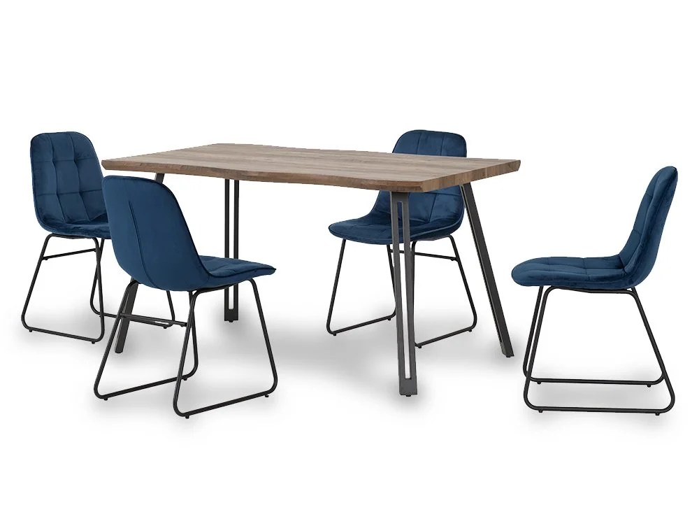 Seconique Quebec Wave Oak Effect Dining Table and 4 Lukas Blue Velvet Chairs