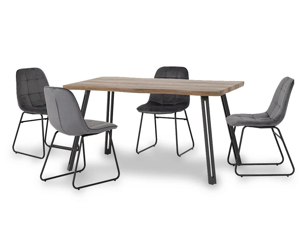 Seconique Quebec Wave Oak Effect Dining Table and 4 Lukas Grey Velvet Chairs