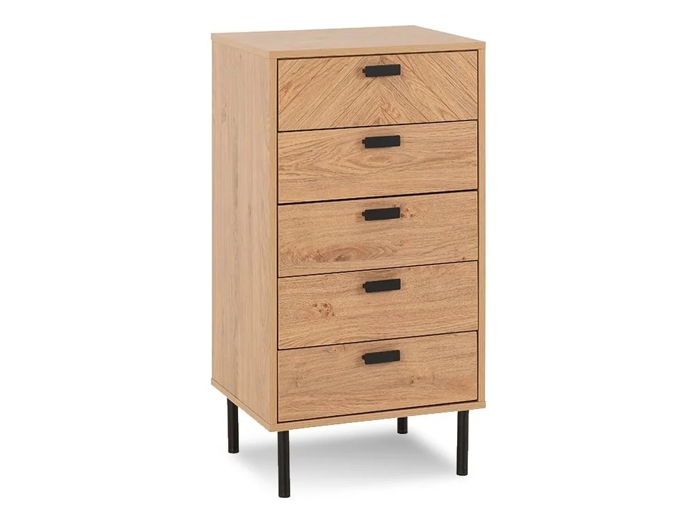 Seconique Leon Oak 5 Drawer Tall Narrow Chest of Drawers