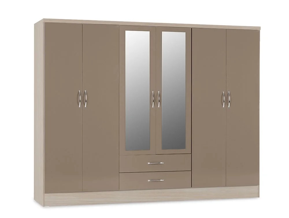 Seconique Nevada Oyster Gloss and Oak 6 Door 2 Drawer Mirrored Wardrobe