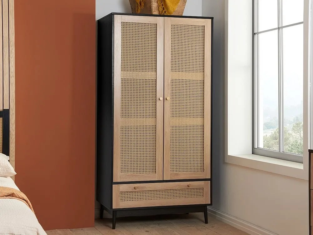 Birlea Croxley Rattan and Black 2 Door 1 Drawer Wardrobe