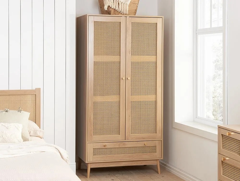 Birlea Croxley Rattan and Oak 2 Door 1 Drawer Wardrobe