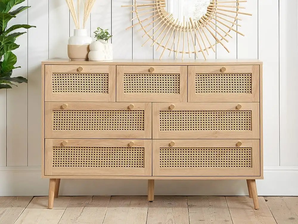 Birlea Croxley Rattan and Oak 7 Drawer Chest of Drawers