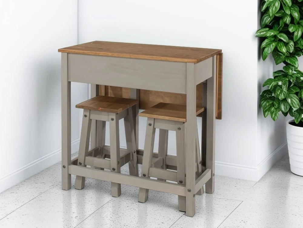 Core Corona Grey and Waxed Pine Breakfast Drop Leaf Table and 2 Stools Set