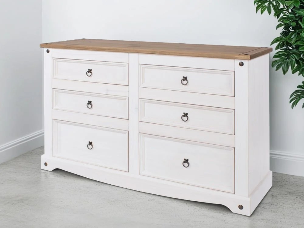 Core Corona White and Pine 3+3 Drawer Wide Chest of Drawers