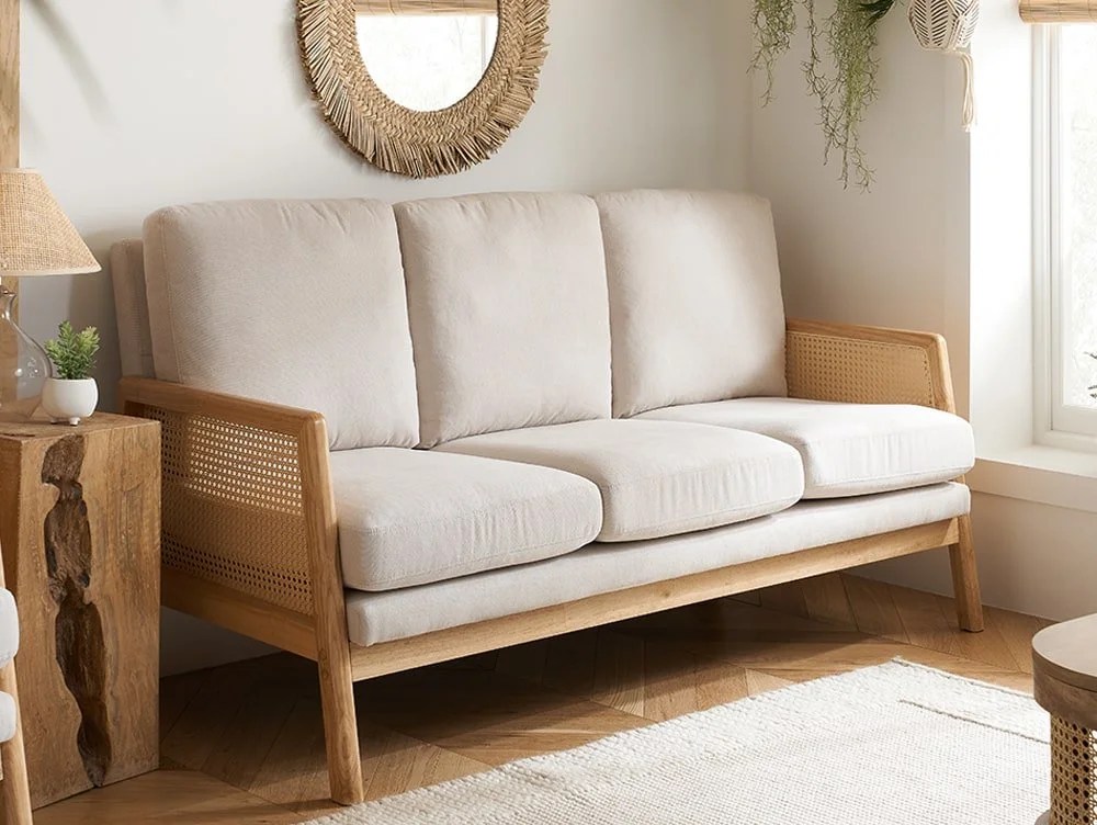 Birlea Ida Rattan and White Fabric 3 Seater Sofa