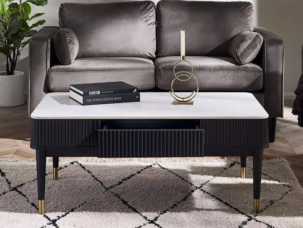 Julian Bowen Louis Marble Effect and Black 2 Drawer Coffee Table