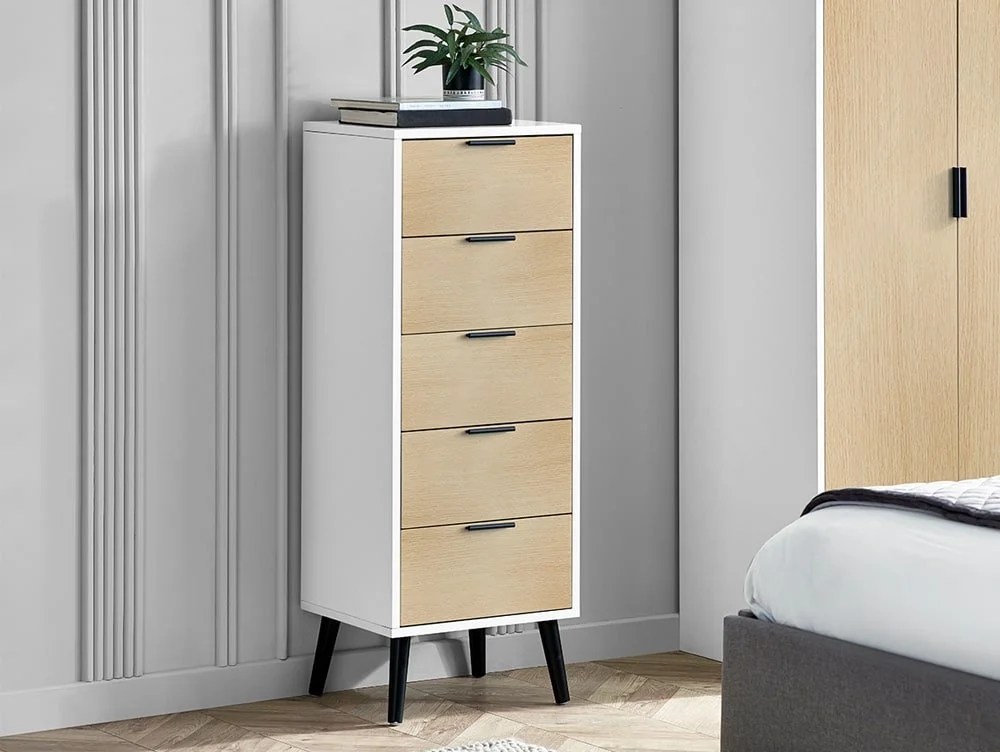 Julian Bowen Alba White and Oak 5 Drawer Chest of Drawers