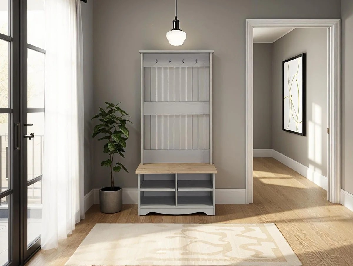 Core Corona Grey and Waxed Pine 2 Tier Shoe Bench With Hat & Coat Rack