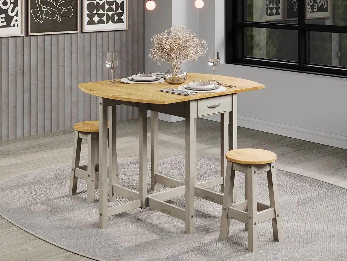 Core Corona Grey and Waxed Pine Oval Drop leaf Dining Table & 2 Stool Set