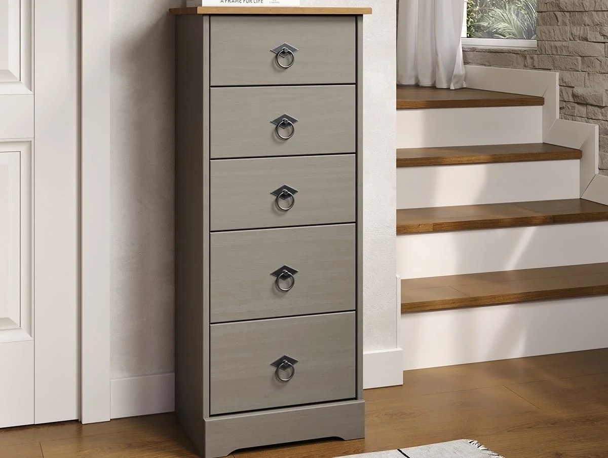 Core Corona Compact Grey and Waxed Pine 5 Drawer Narrow Chest of Drawers