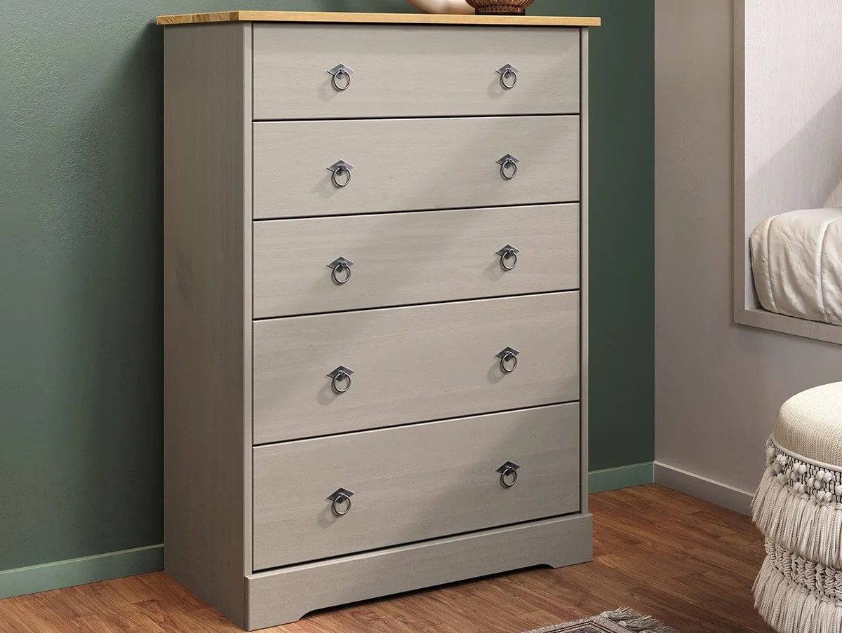 Core Corona Compact Grey and Waxed Pine 5 Drawer Chest of Drawers