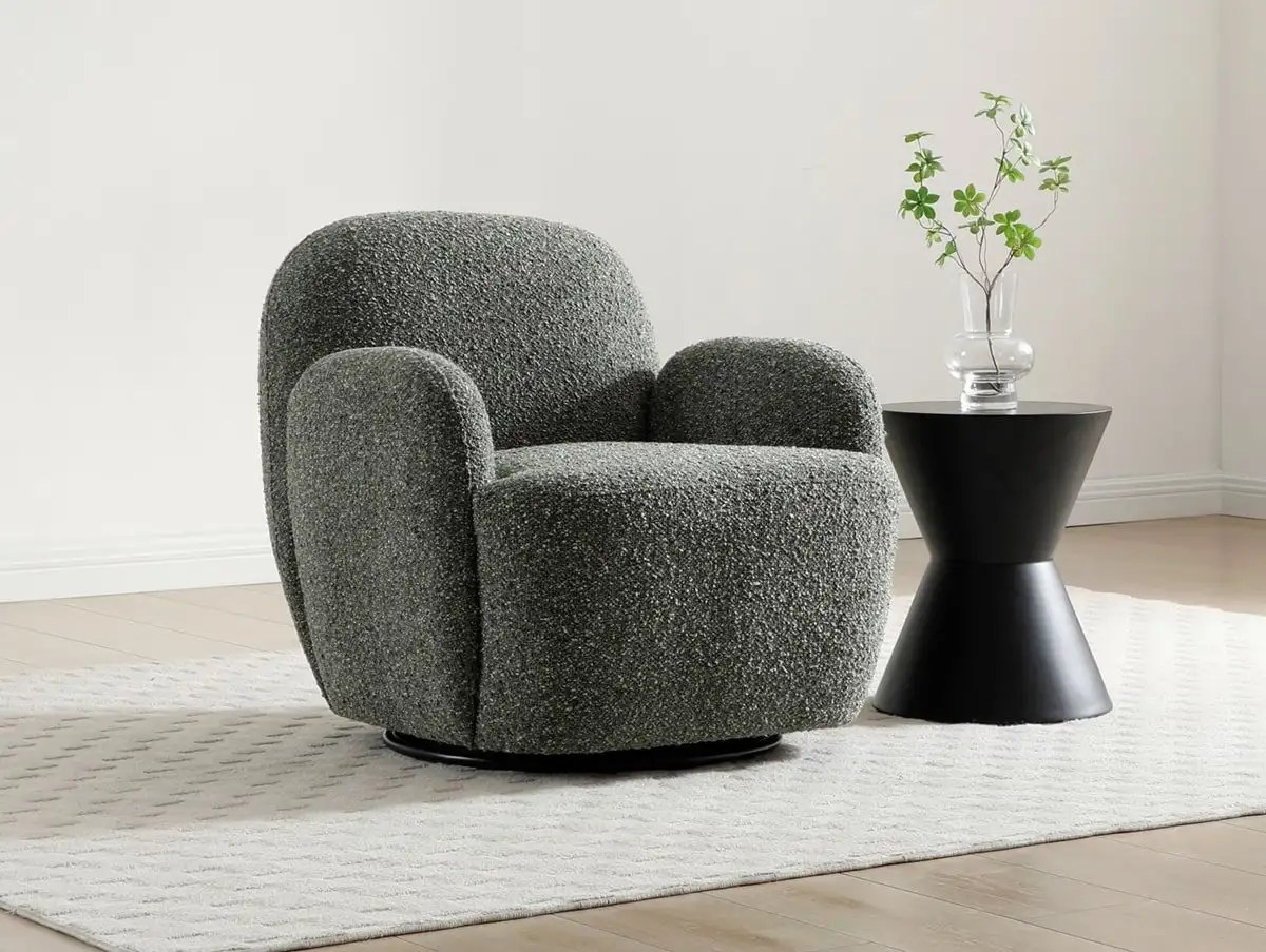 Kyoto Micky Olive Textured Boucle Fabric Swivel Chair