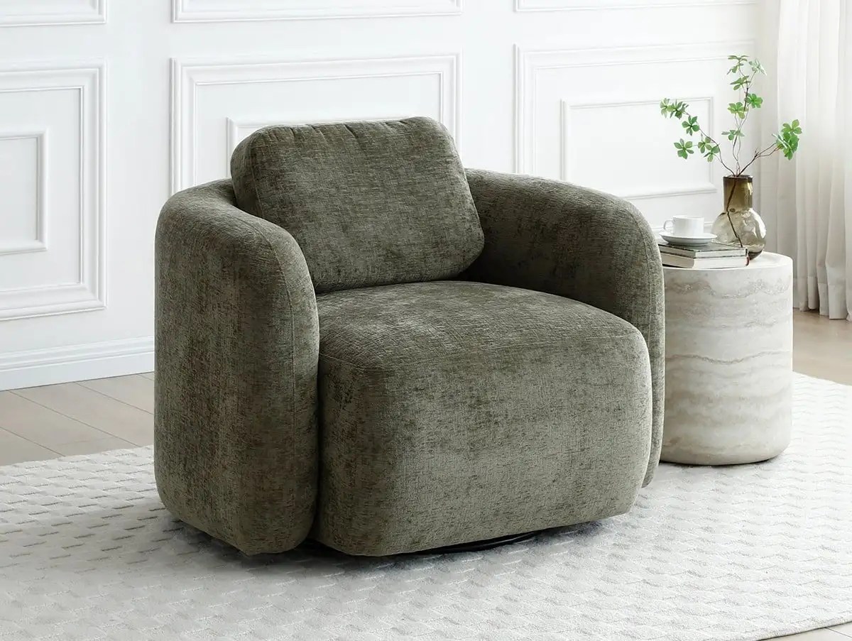 Kyoto Mitch Distressed Olive Chenille Fabric Swivel Chair