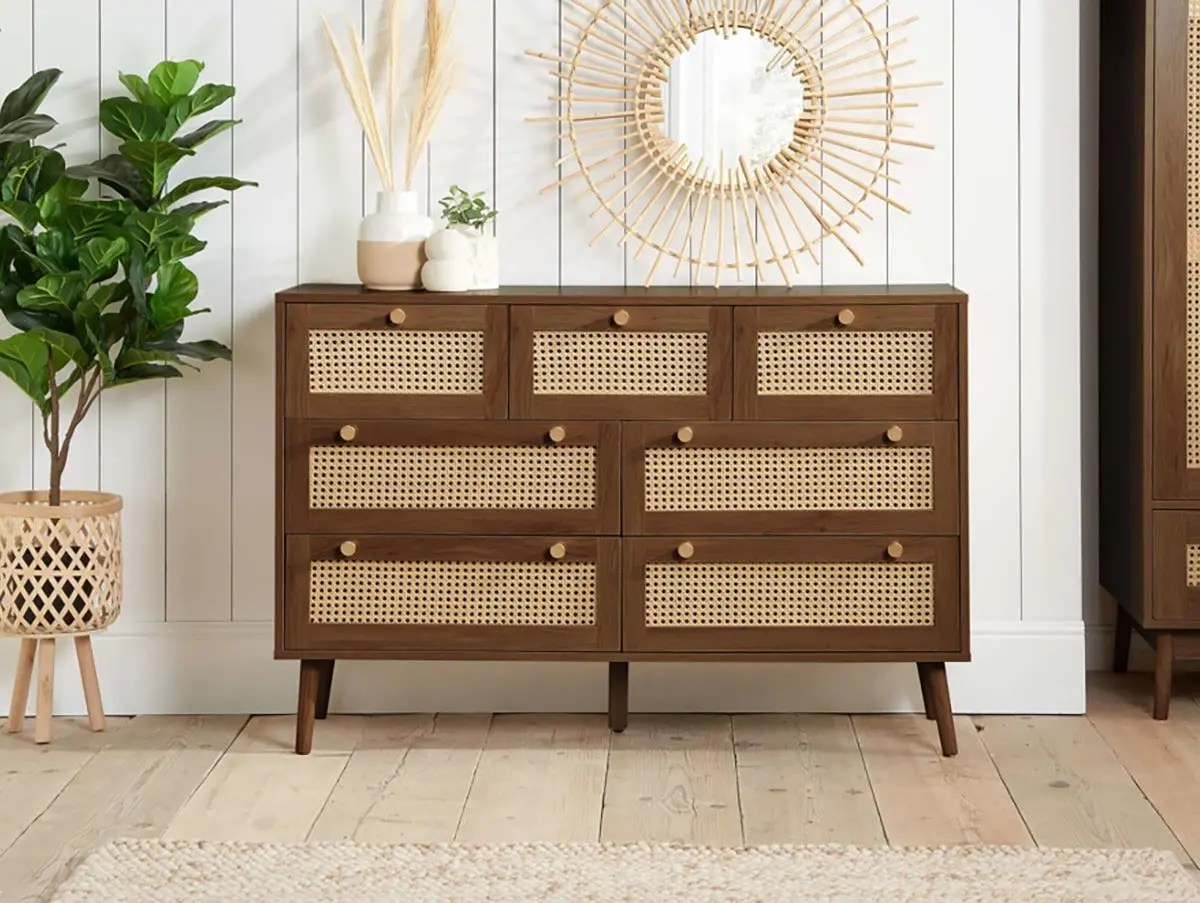 Birlea Croxley Rattan and Walnut 7 Drawer Chest of Drawers