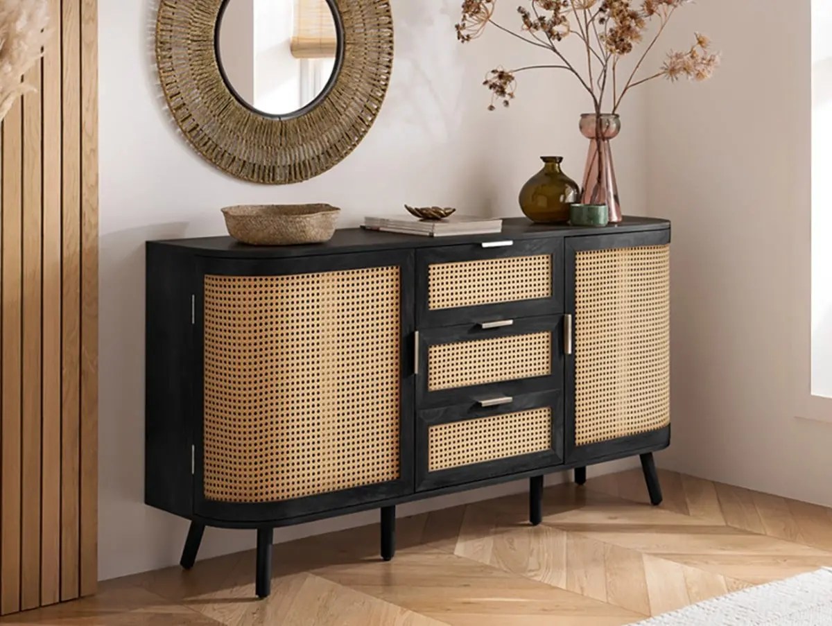 Birlea Noah Rattan and Black 2 Door 3 Drawer Sideboard