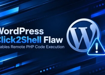 WordPress Click2Shell vulnerability graphic featuring the WordPress logo and a warning symbol on a dark blue cybersecurity background.