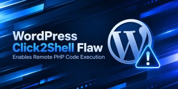 WordPress Click2Shell vulnerability graphic featuring the WordPress logo and a warning symbol on a dark blue cybersecurity background.