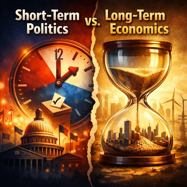 Illustration contrasting short-term political decision-making with long-term economic outcomes, shown by a voting clock and a city inside an hourglass.