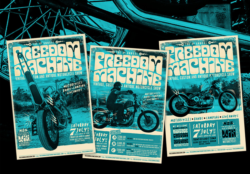 Freedom Machine Show, Choppers, Bobbers, Cafe Racer, Motorcycle show, Canada, Ontario, Branding, Logo Design, Advertising, Marketing, Posters, Fliers, Graphic Design, Layout, Editorial, Illustration, Breath Of Fresh Air Design, BOFA Design, Harley Davidson, Yamaha, Gas Tank, FTW, Speed, Art, Kustom Kulture, Custom art,