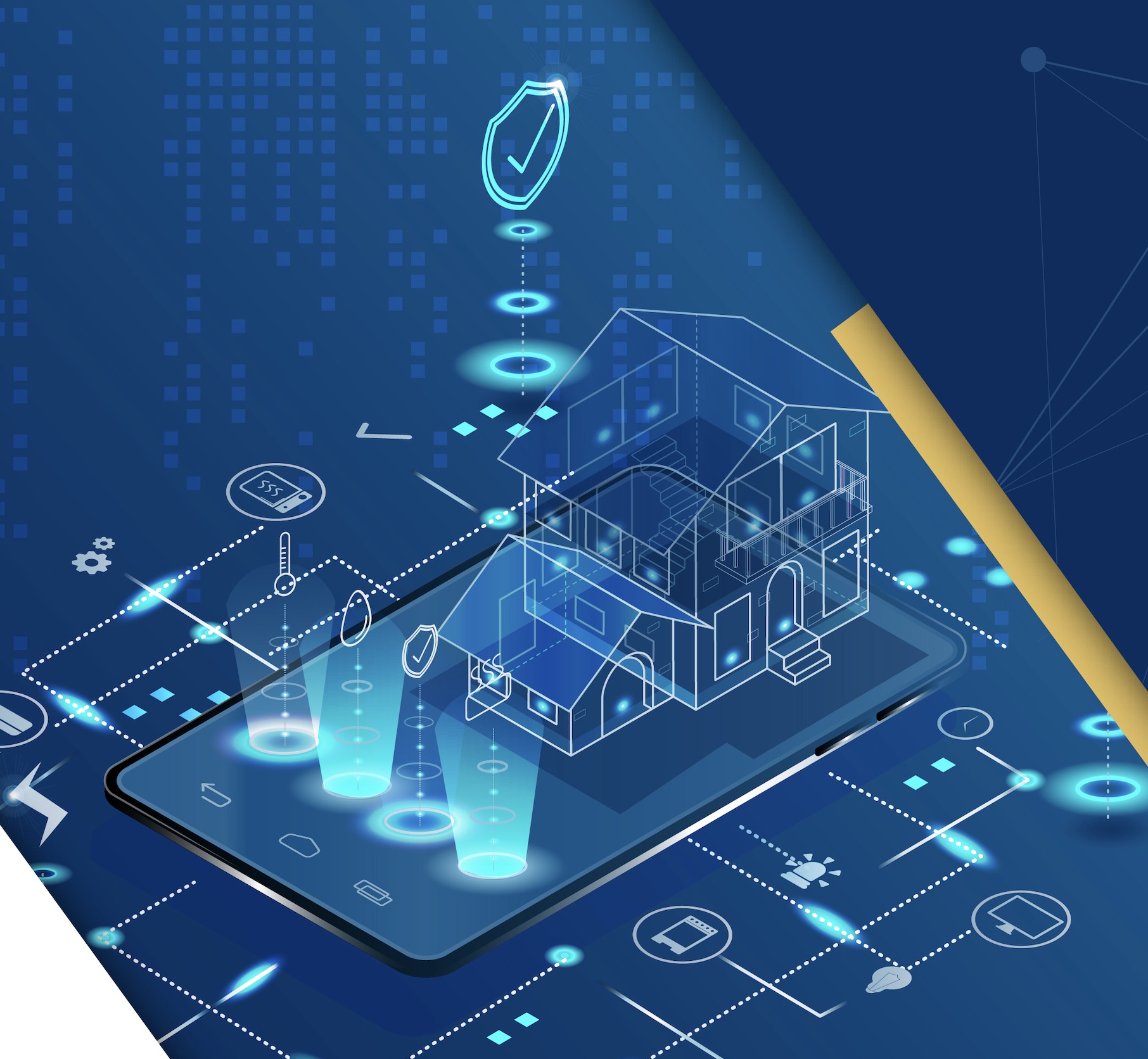 Isometric 3D visualisation of a house on top of a phone
