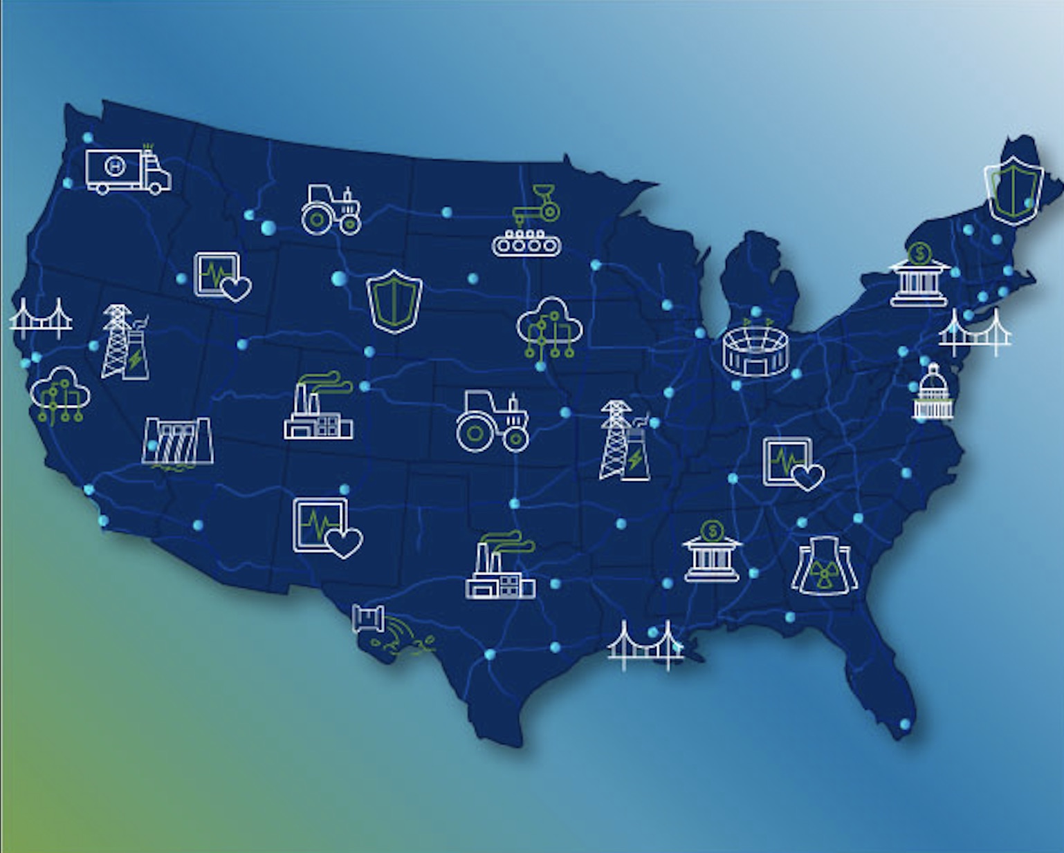 Illustration of a map of the USA with icons representing various industries.